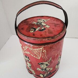 Vintage Pinnochio And Friends 1940s Cylinder Lunch Pail With Lid And Handle